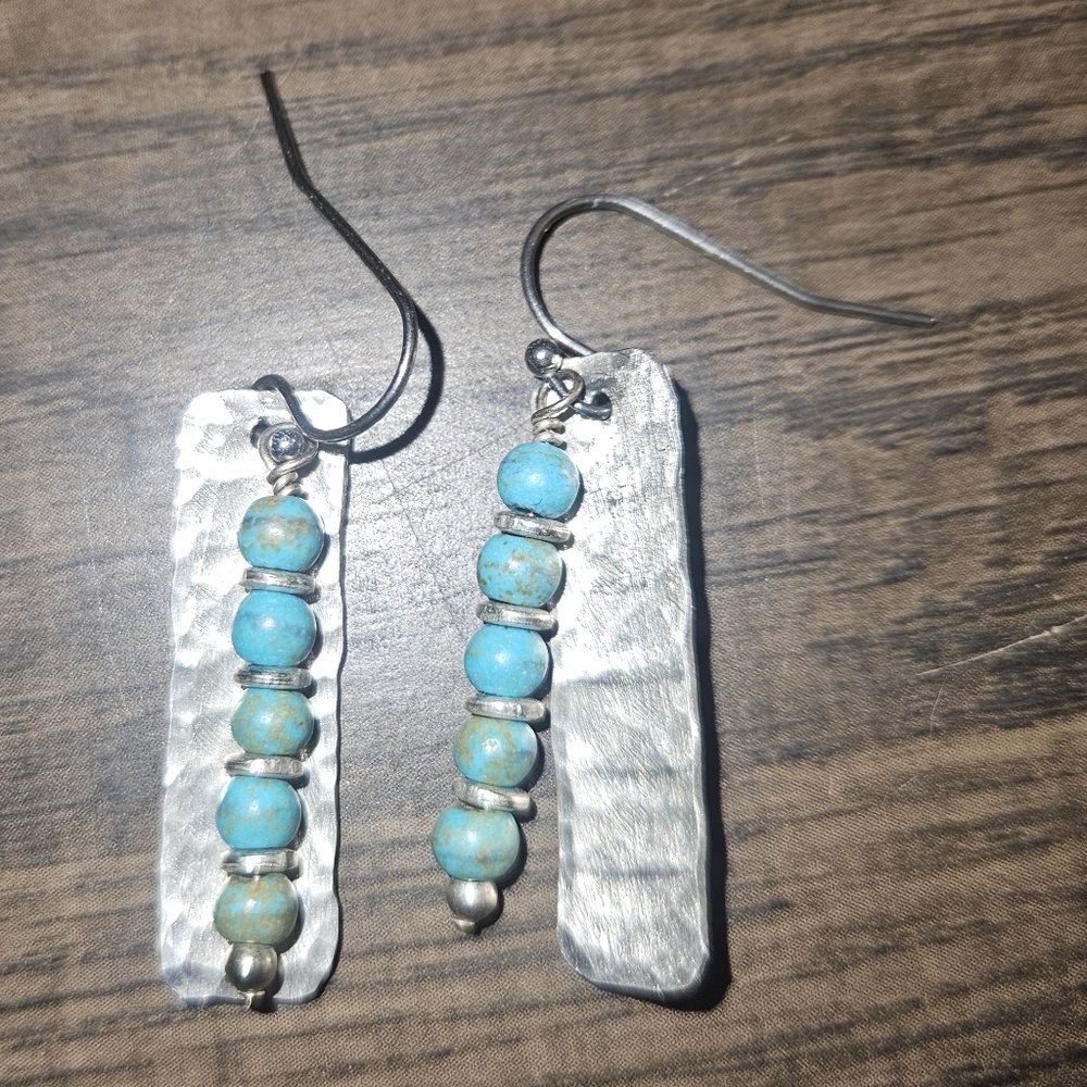 Silver and Turquoise Beaded Dangle Earrings - Picture 4 of 6